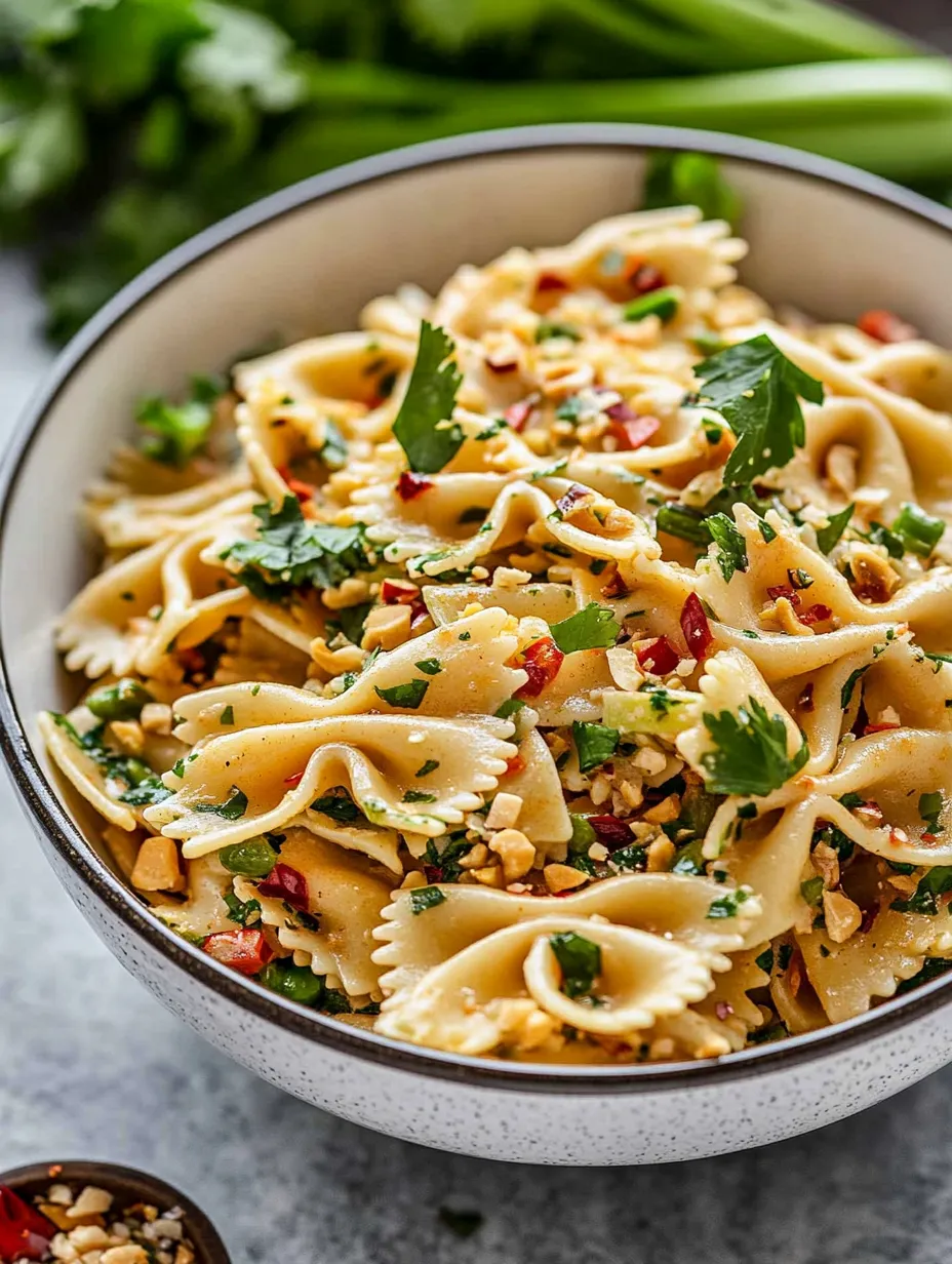 Un bol de pâtes avec poivrons et herbes.