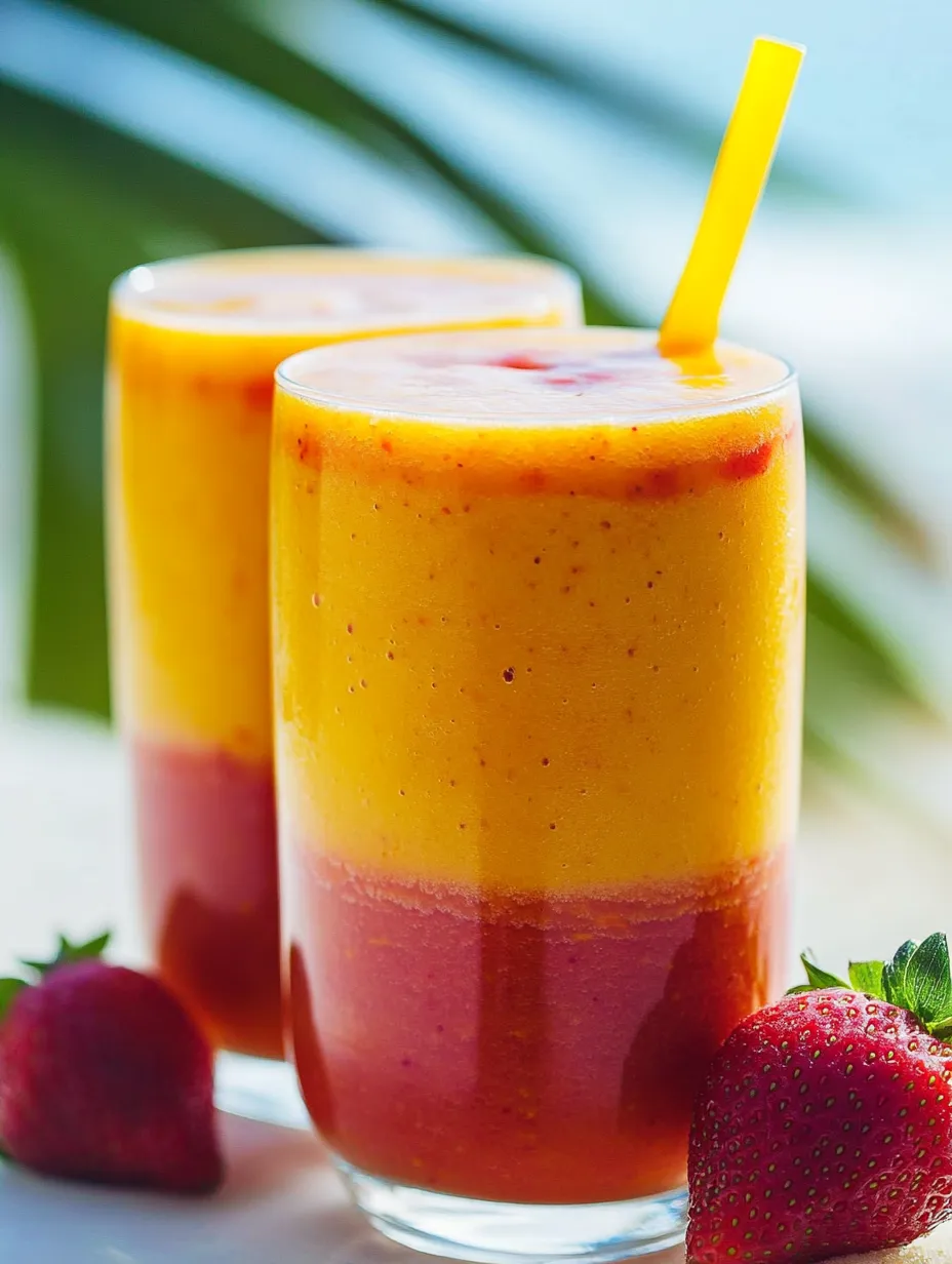 Deux verres de jus orange avec des fraises à côté.