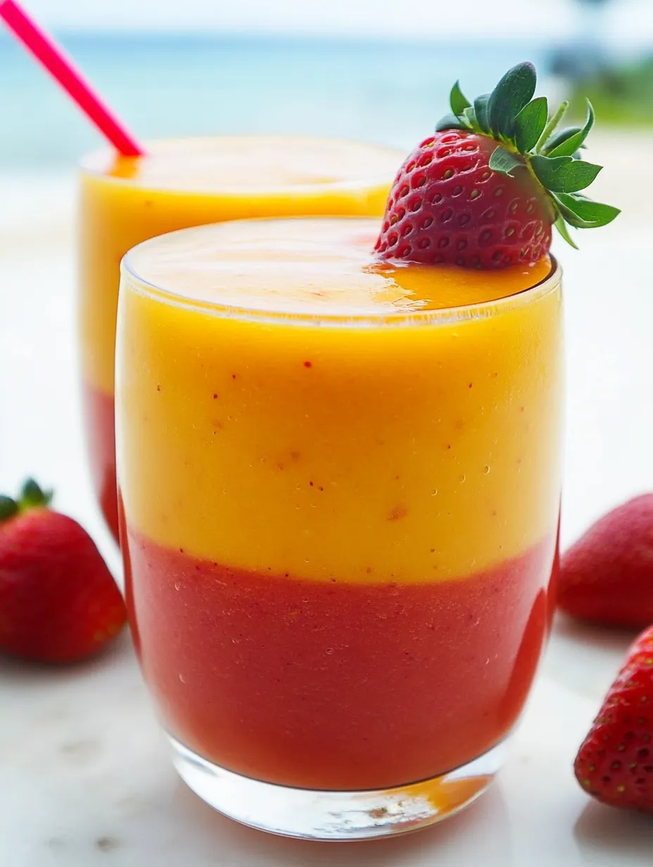 Deux verres de jus orange avec fraises par-dessus.