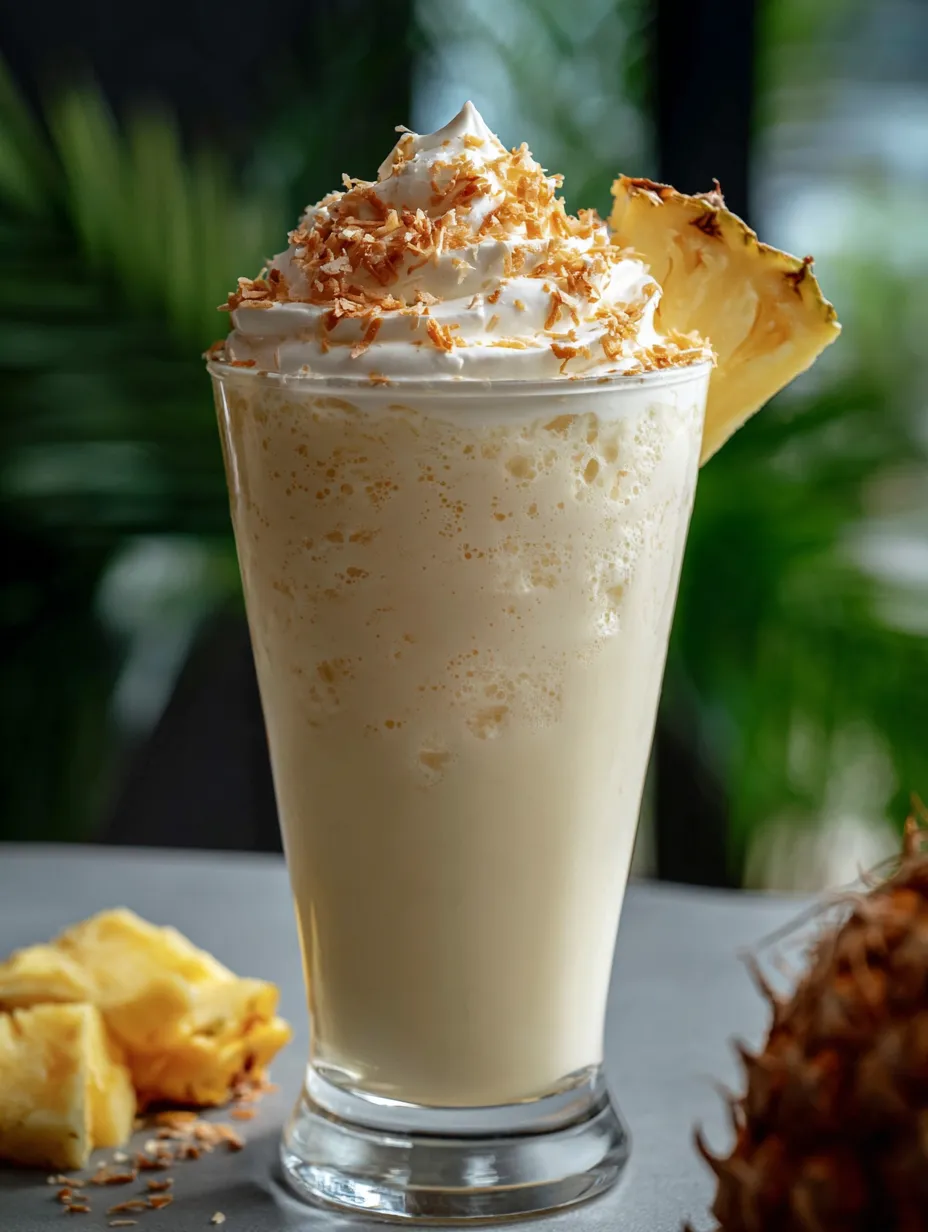 Un verre de milkshake ananas surmonté d’une tranche de fruit.