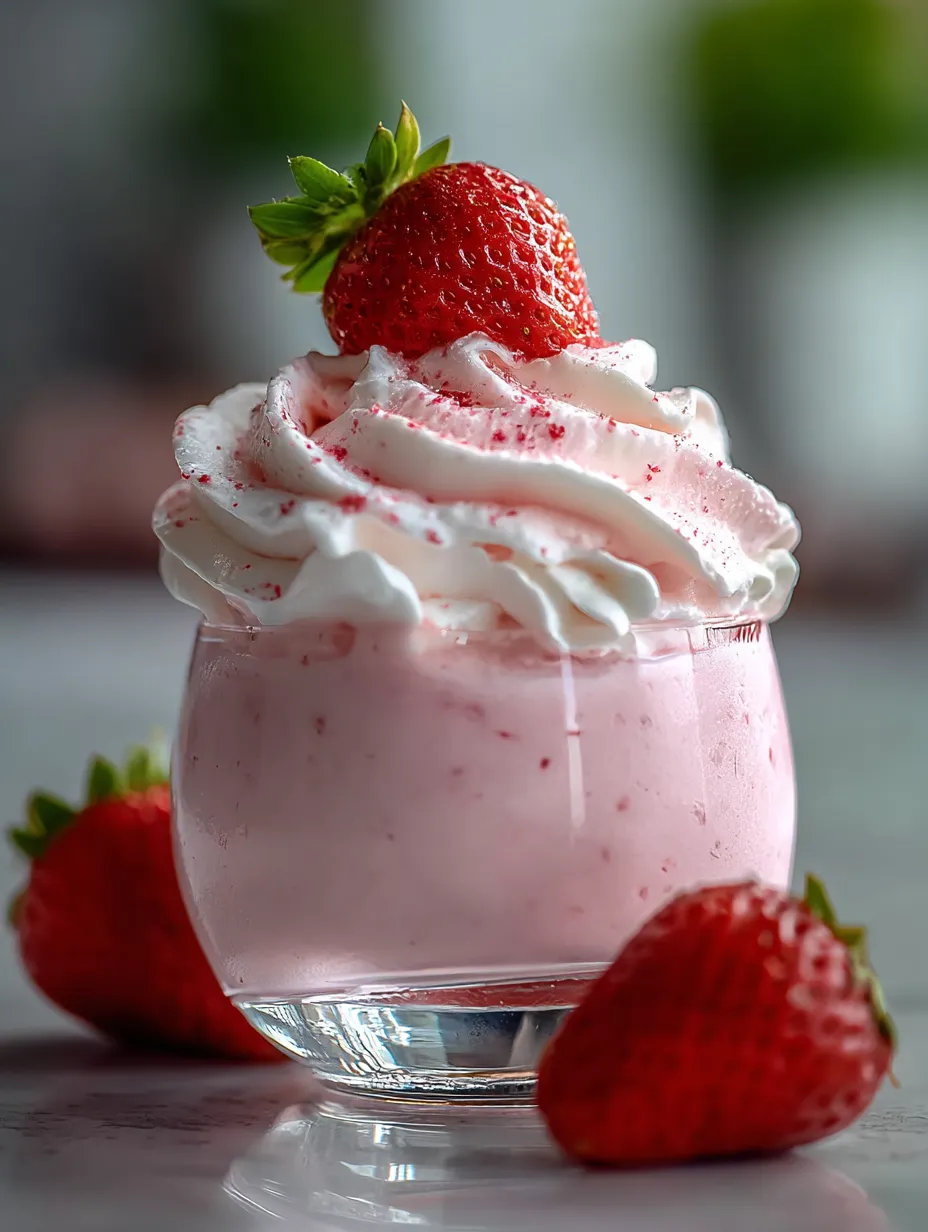 Un verre de mousse rose avec des fraises au-dessus.