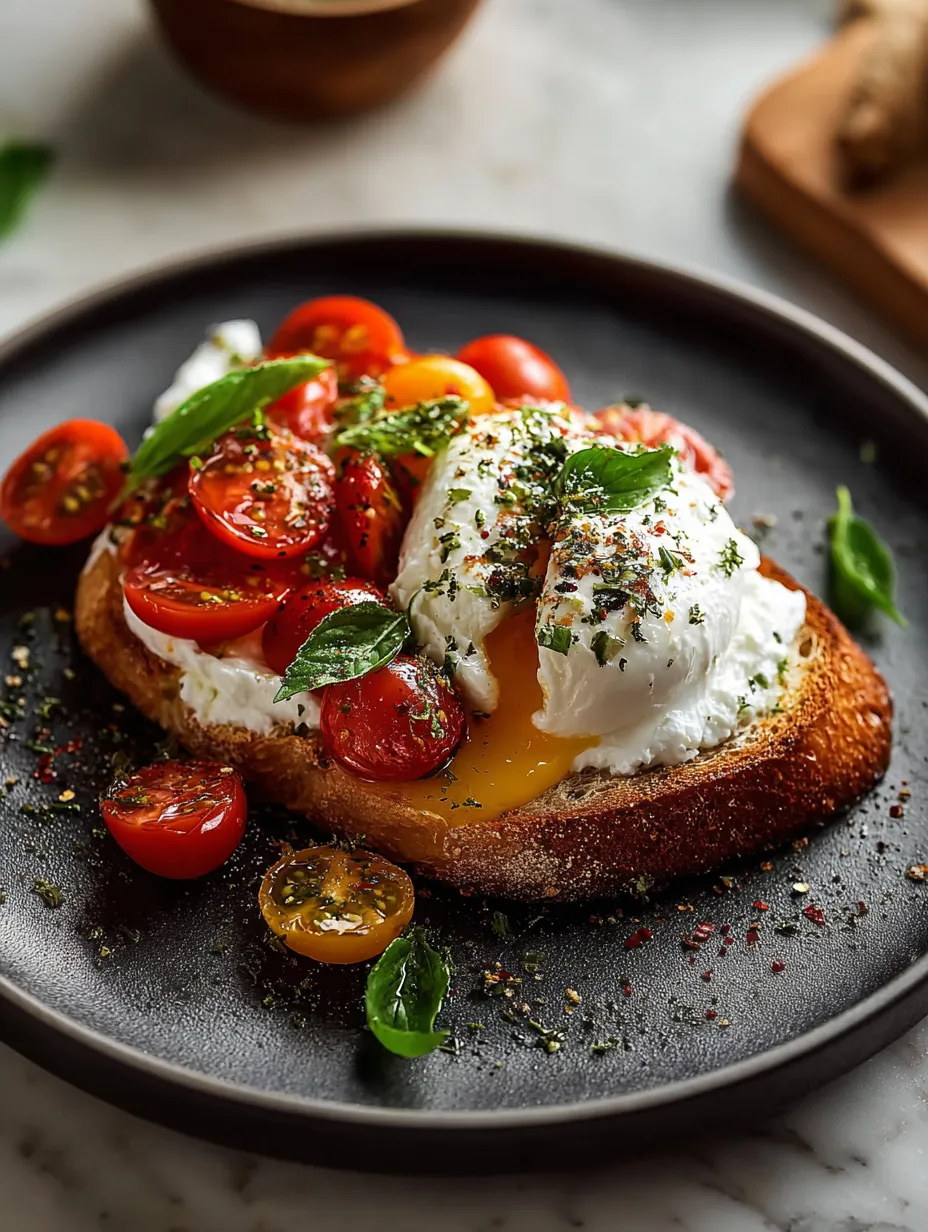 Une assiette garnie de tomates et d’un œuf au plat.