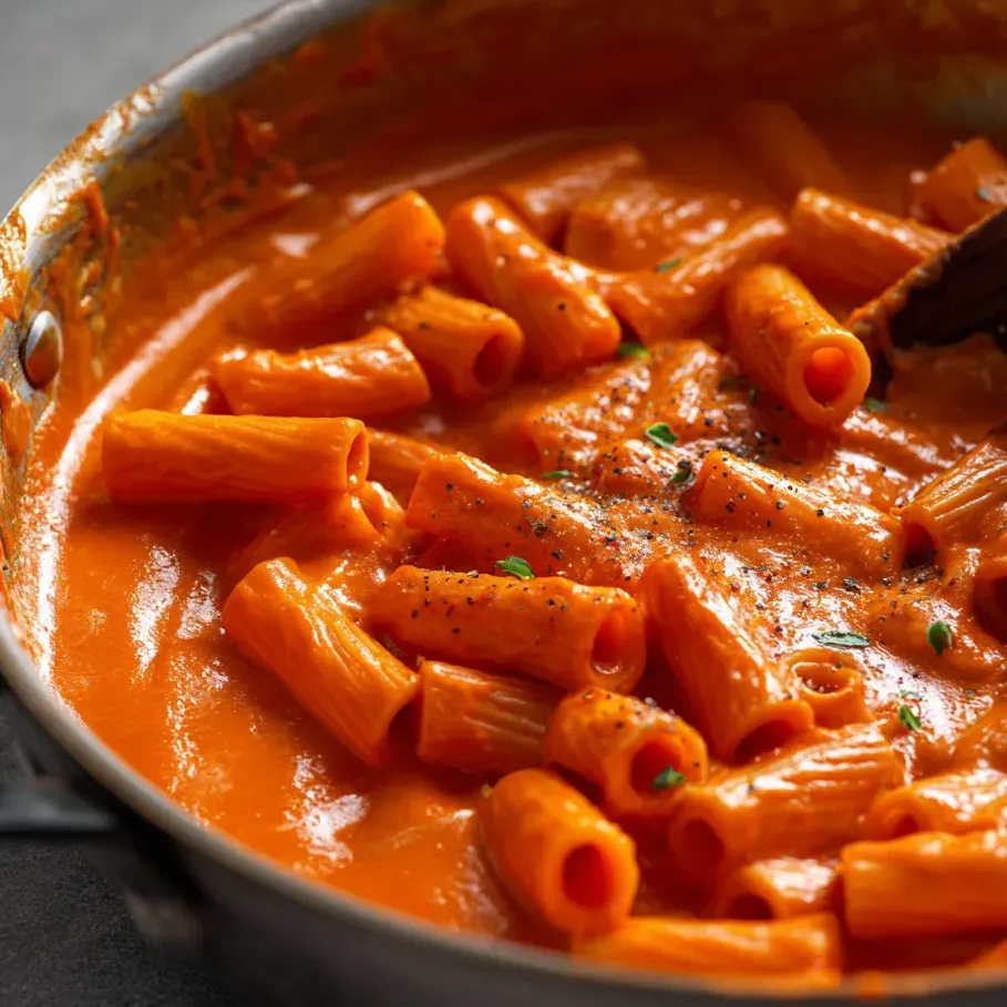 Bol de pâtes nappé d’une sauce rouge.