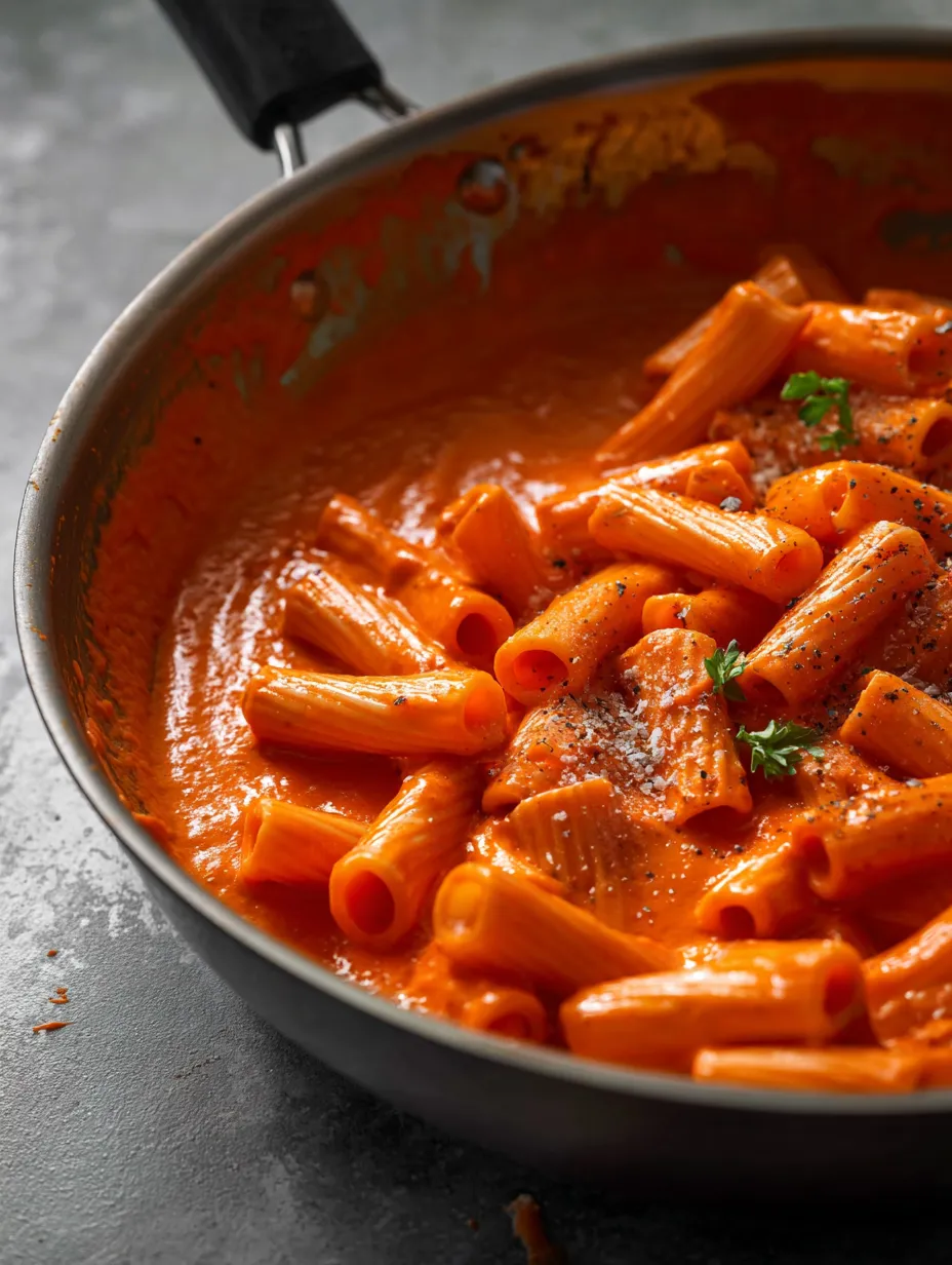Une poêle remplie de pâtes nappées de sauce rouge.