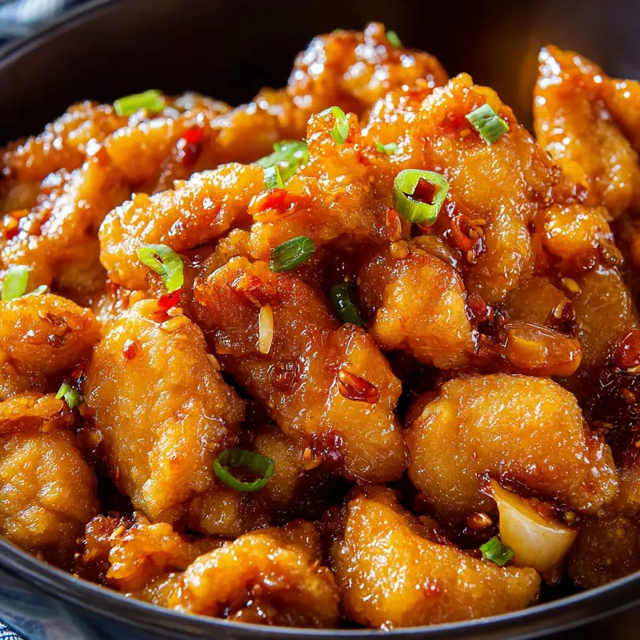 Un bol de poulet avec des oignons verts.
