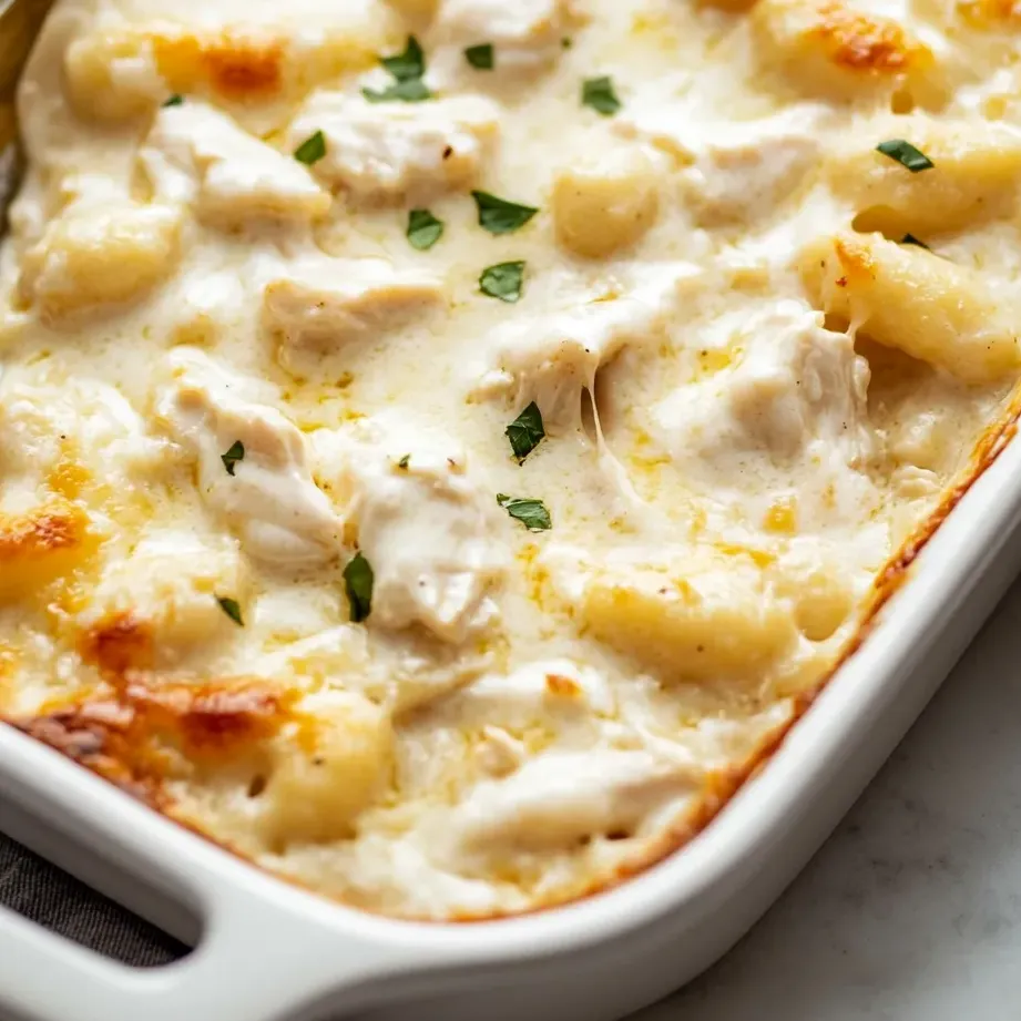 Un plat de pâtes gratinées au poulet.
