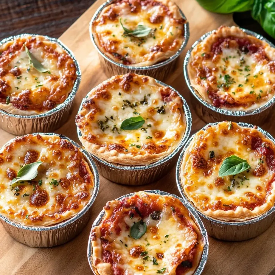 Un plateau de mini pizzas au fromage avec des feuilles d’épinard.