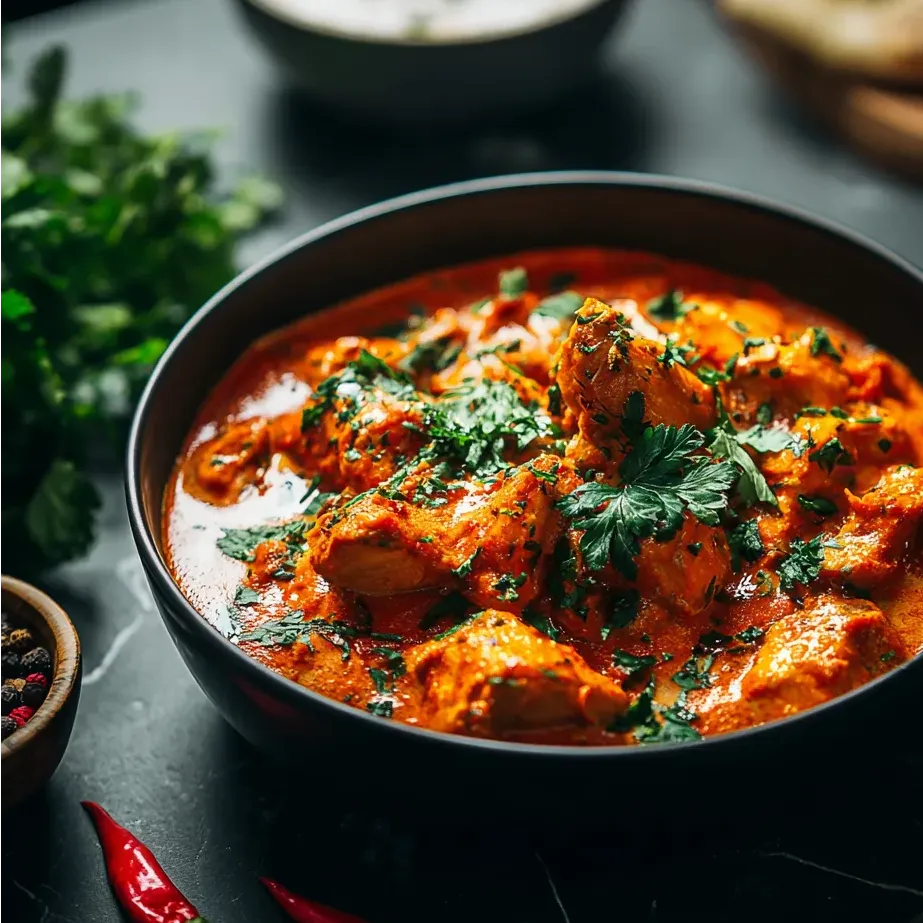 Bol de curry de poulet parsemé de coriandre fraîche.