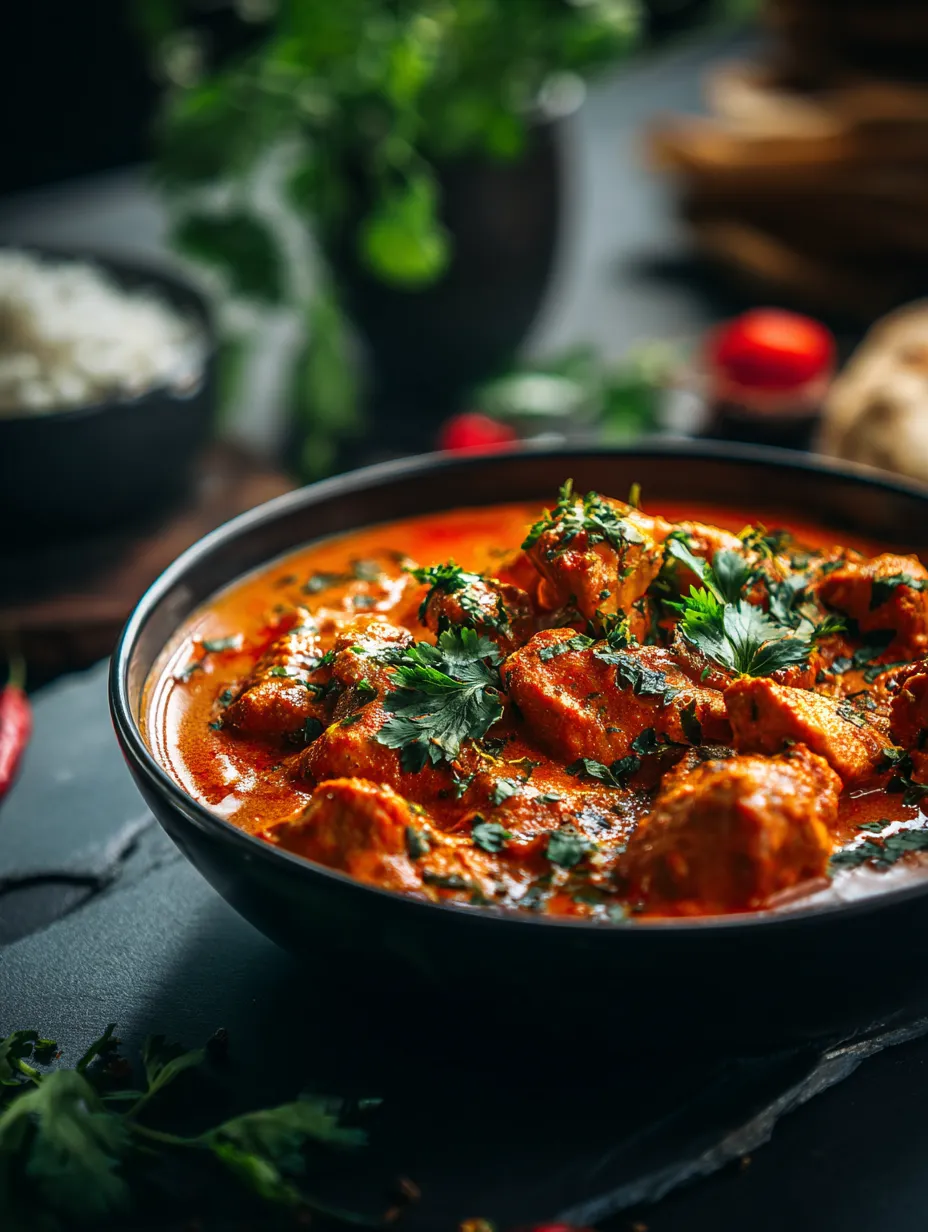 Un bol de curry rouge avec de la viande et des légumes.