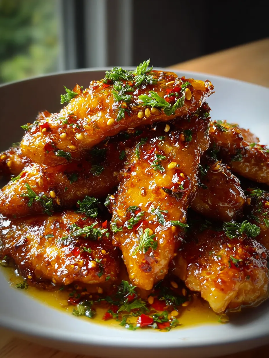 Une assiette d’ailes de poulet nappées de sauce.
