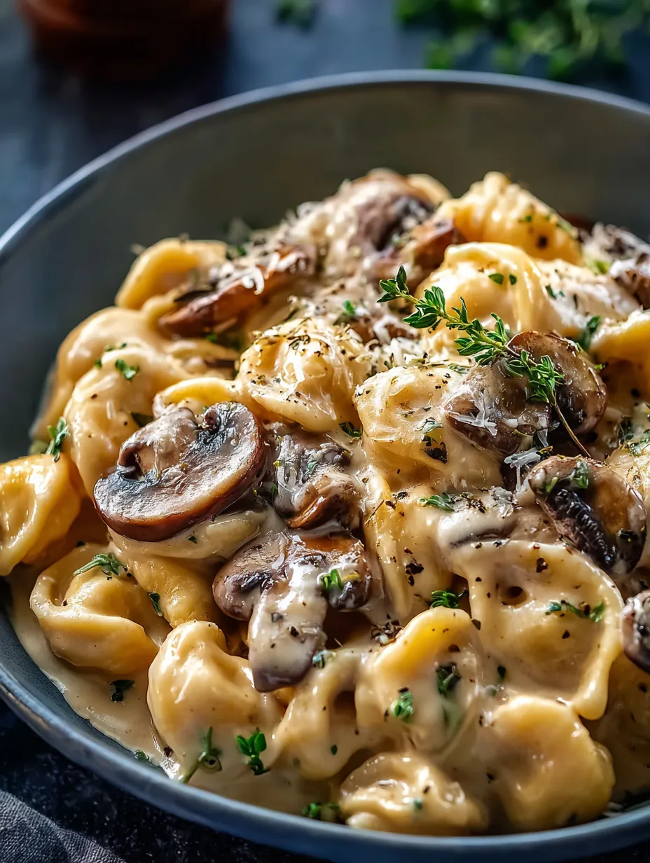 Un bol de pâtes avec des champignons et du fromage.