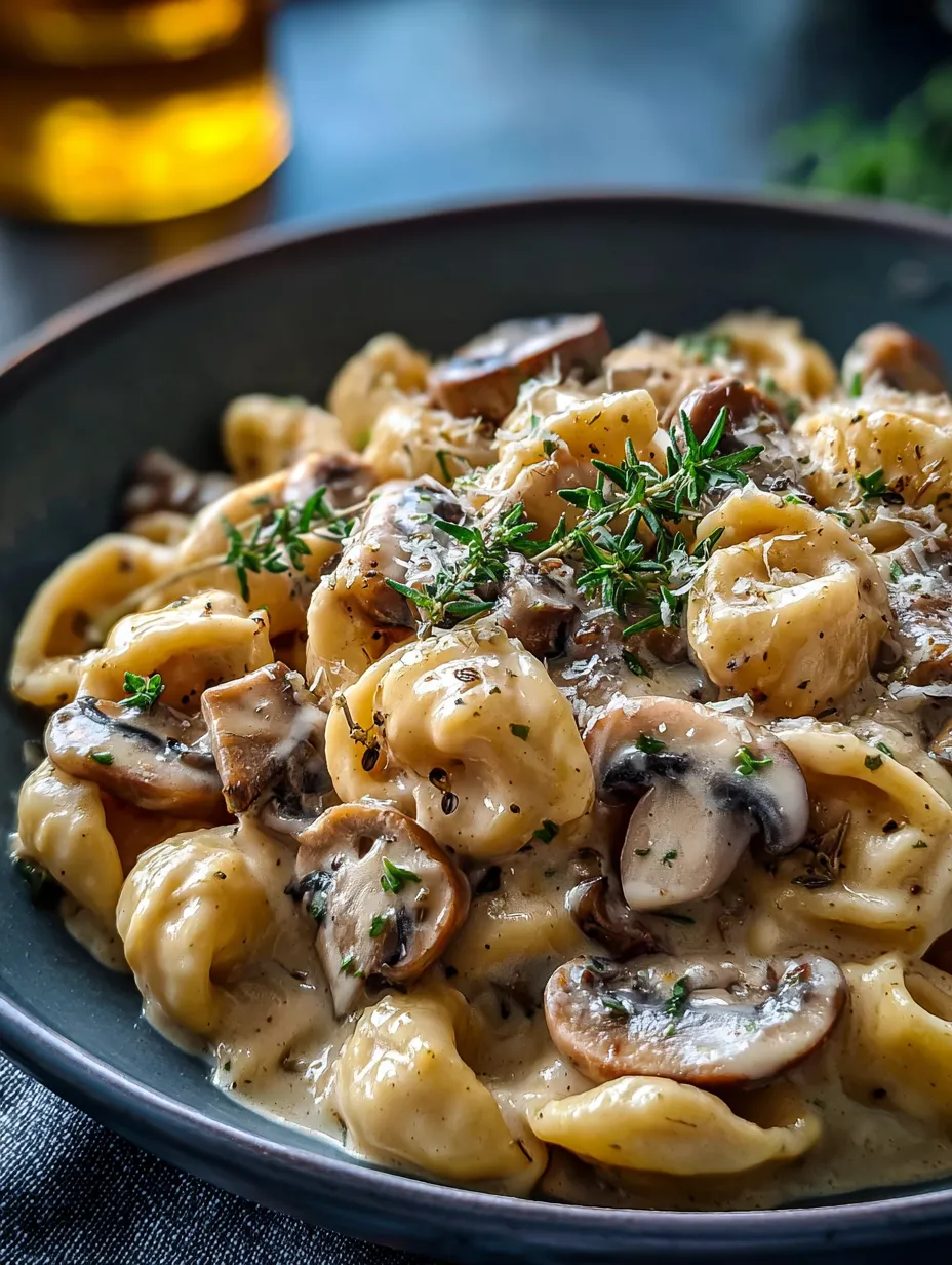Un bol de pâtes avec des champignons et des herbes.