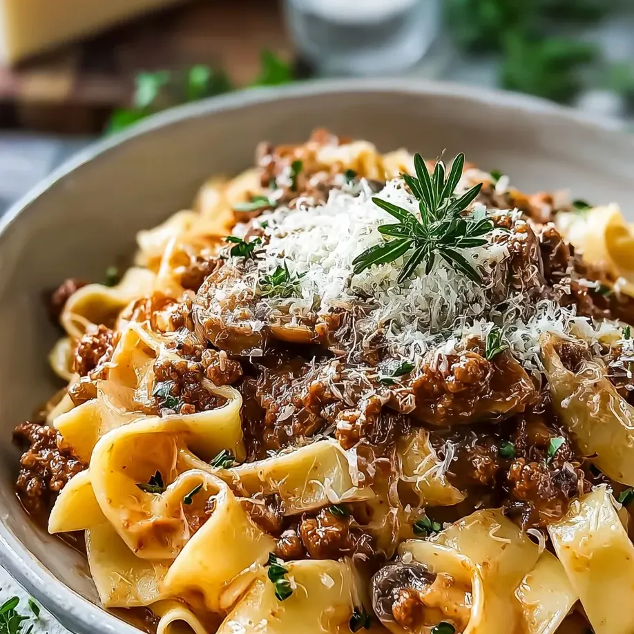 Un bol de pâtes nappées de sauce viande et fromage.