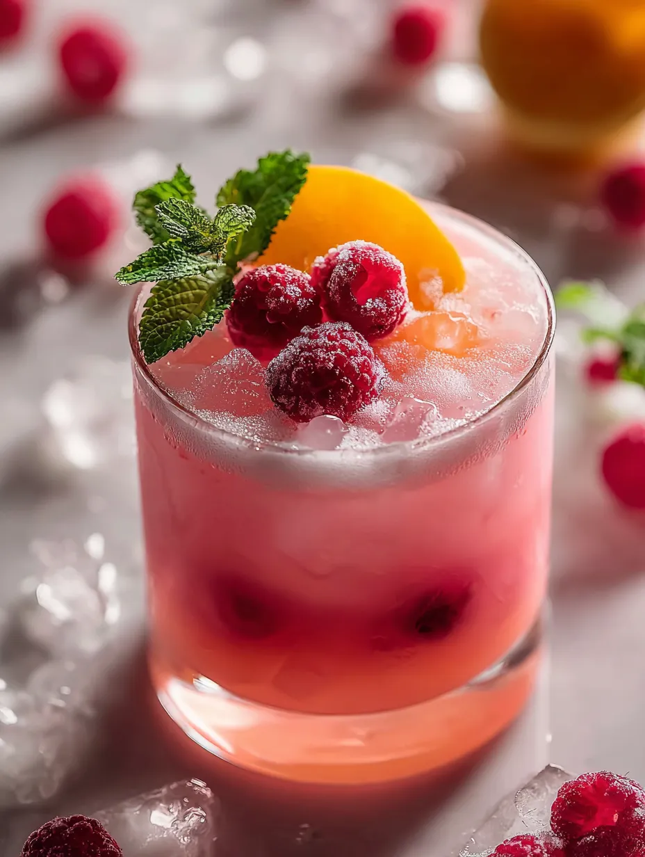 Verre rose orné d’une tranche d'orange et d'une framboise.