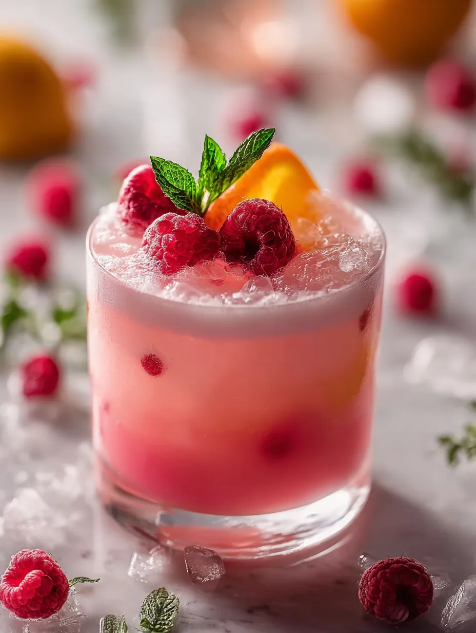 Un joli verre rose surmonté d'une framboise.
