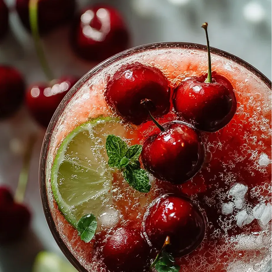 Un verre de jus de cerise avec une cerise dessus.