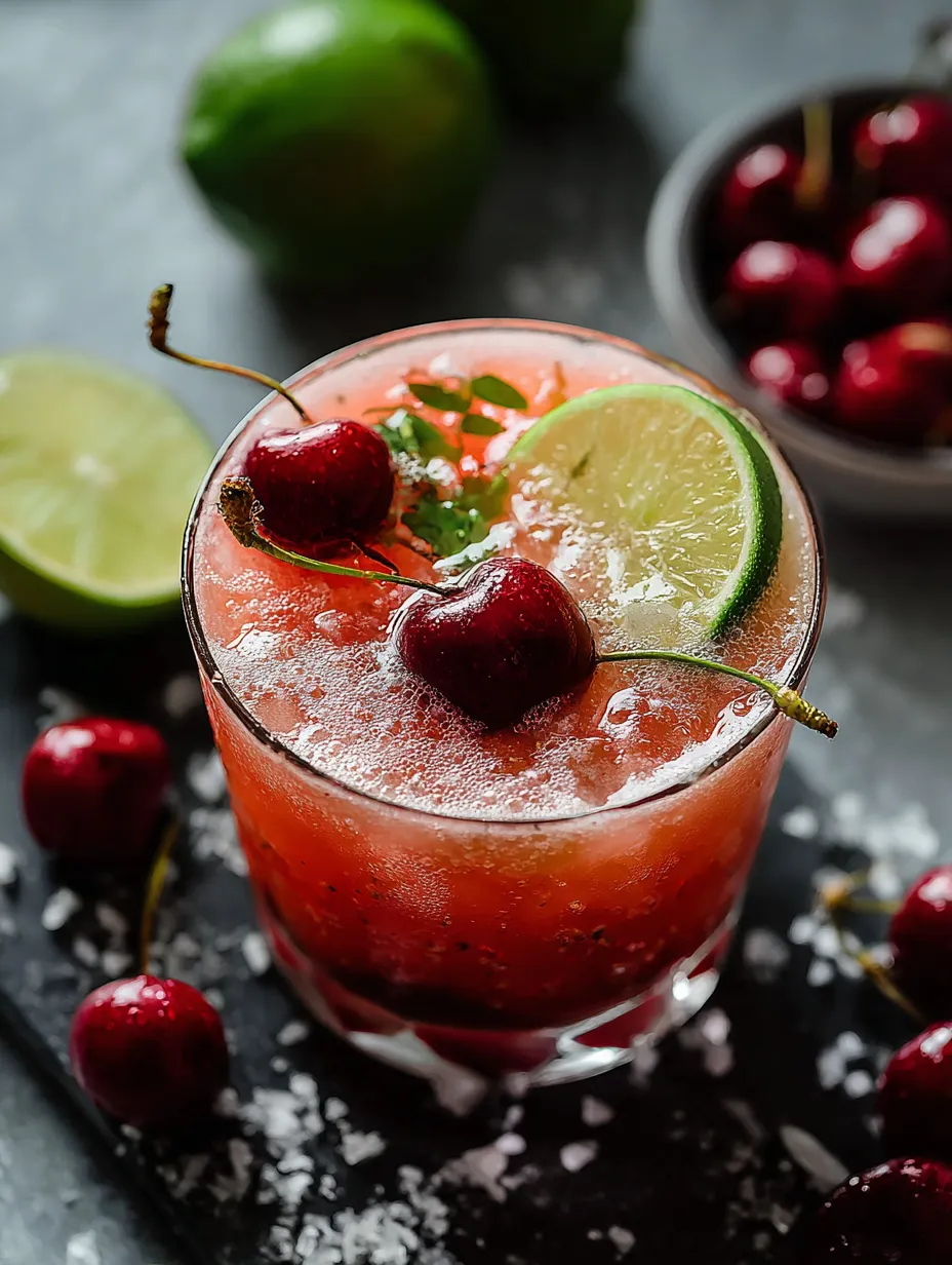 Un verre de jus rouge avec des cerises dessus.