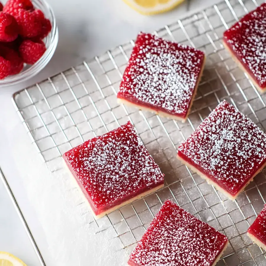 Un plat de carrés rouges recouverts d’un nuage de sucre blanc.