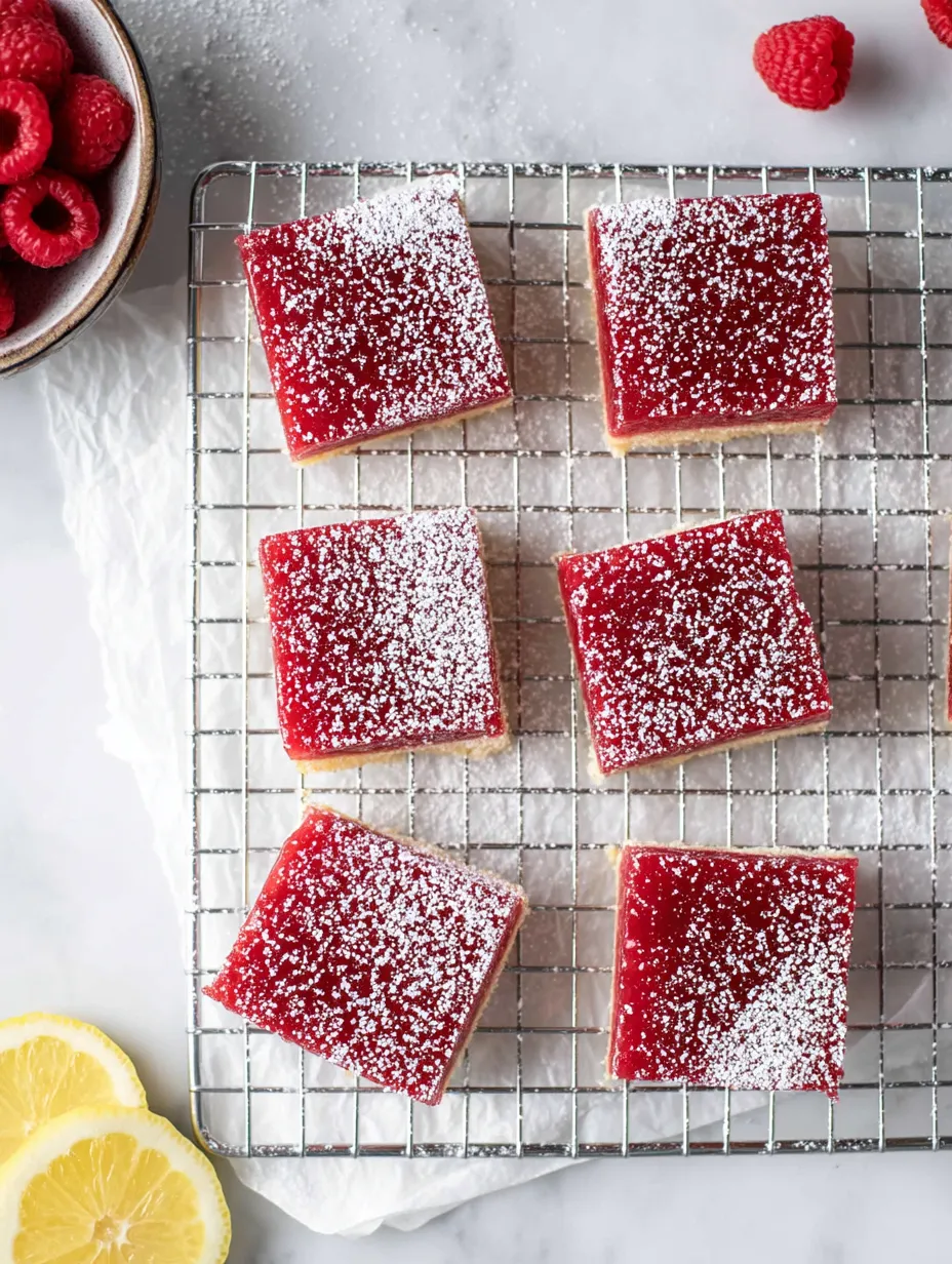 Un plat de carrés rouges recouverts de sucre glace.