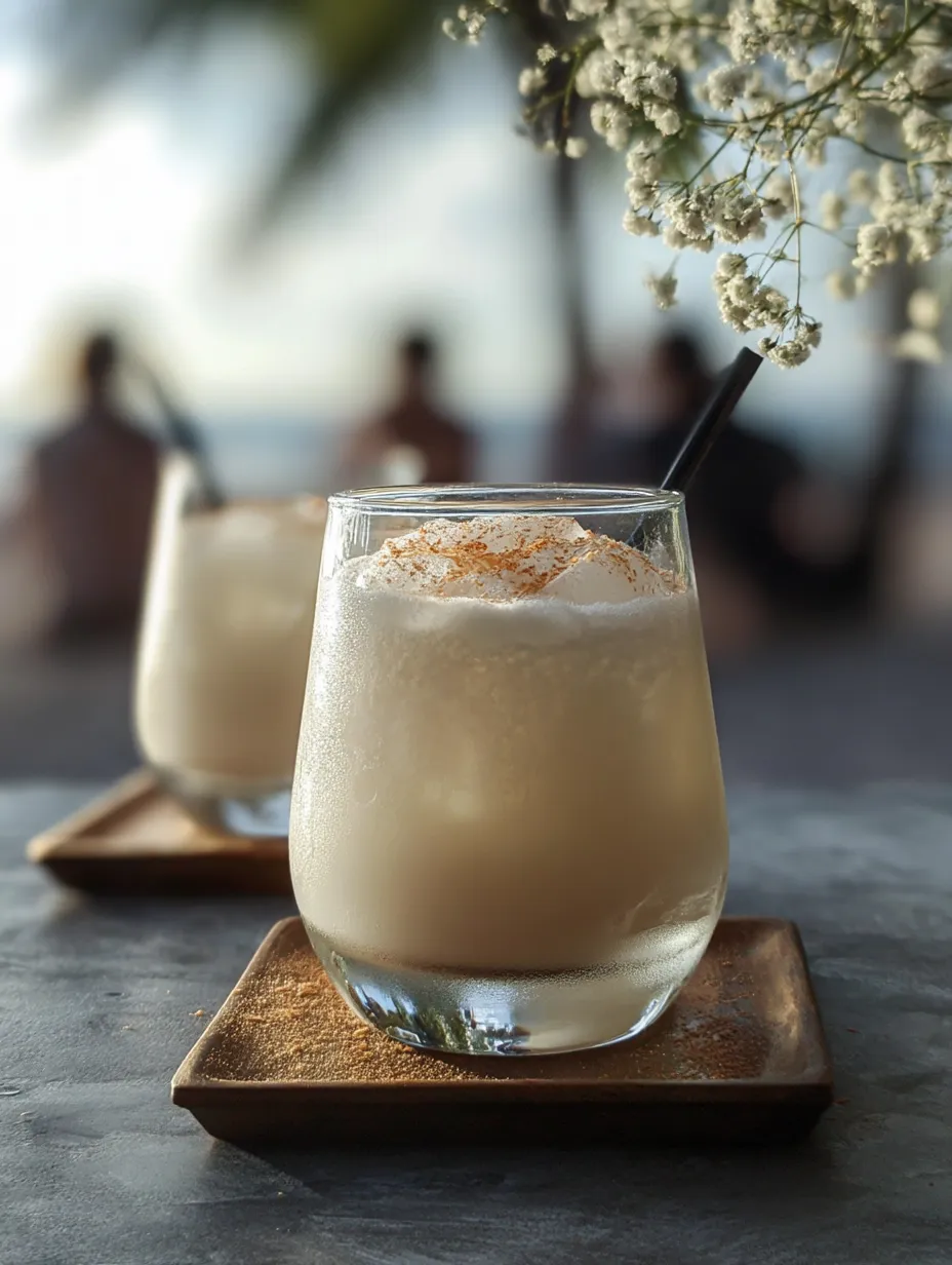 Deux verres de boissons blanches avec des pailles.