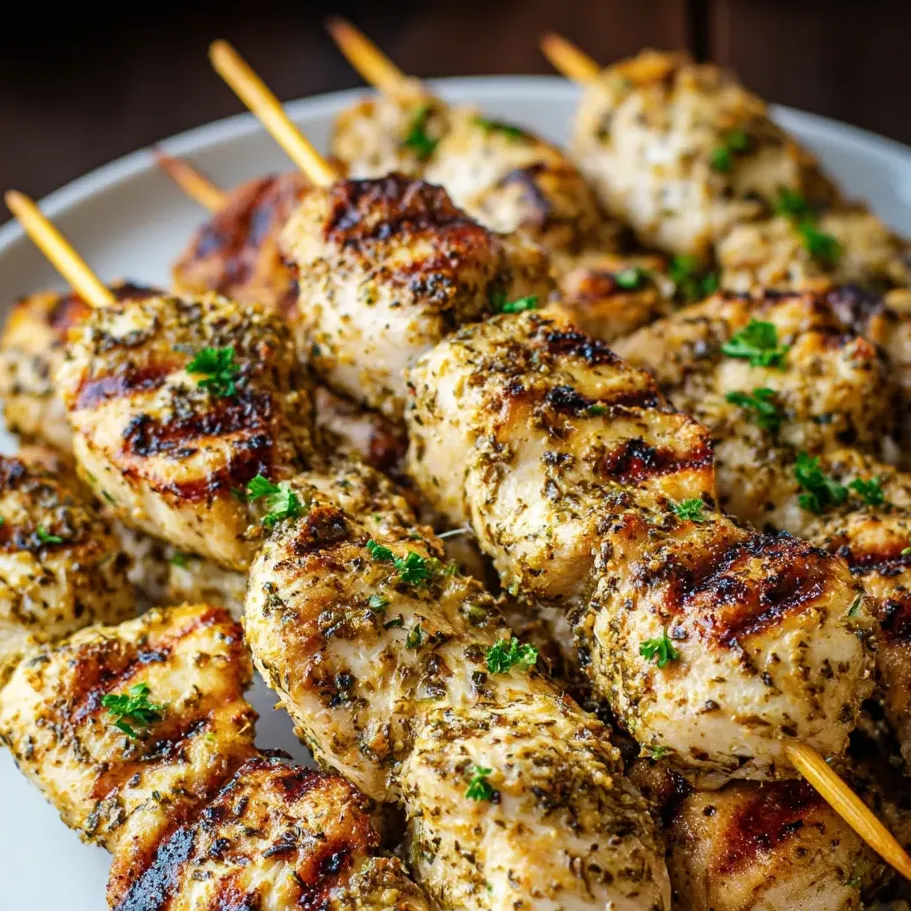 Assiette de brochettes de poulet avec herbes fraîches.