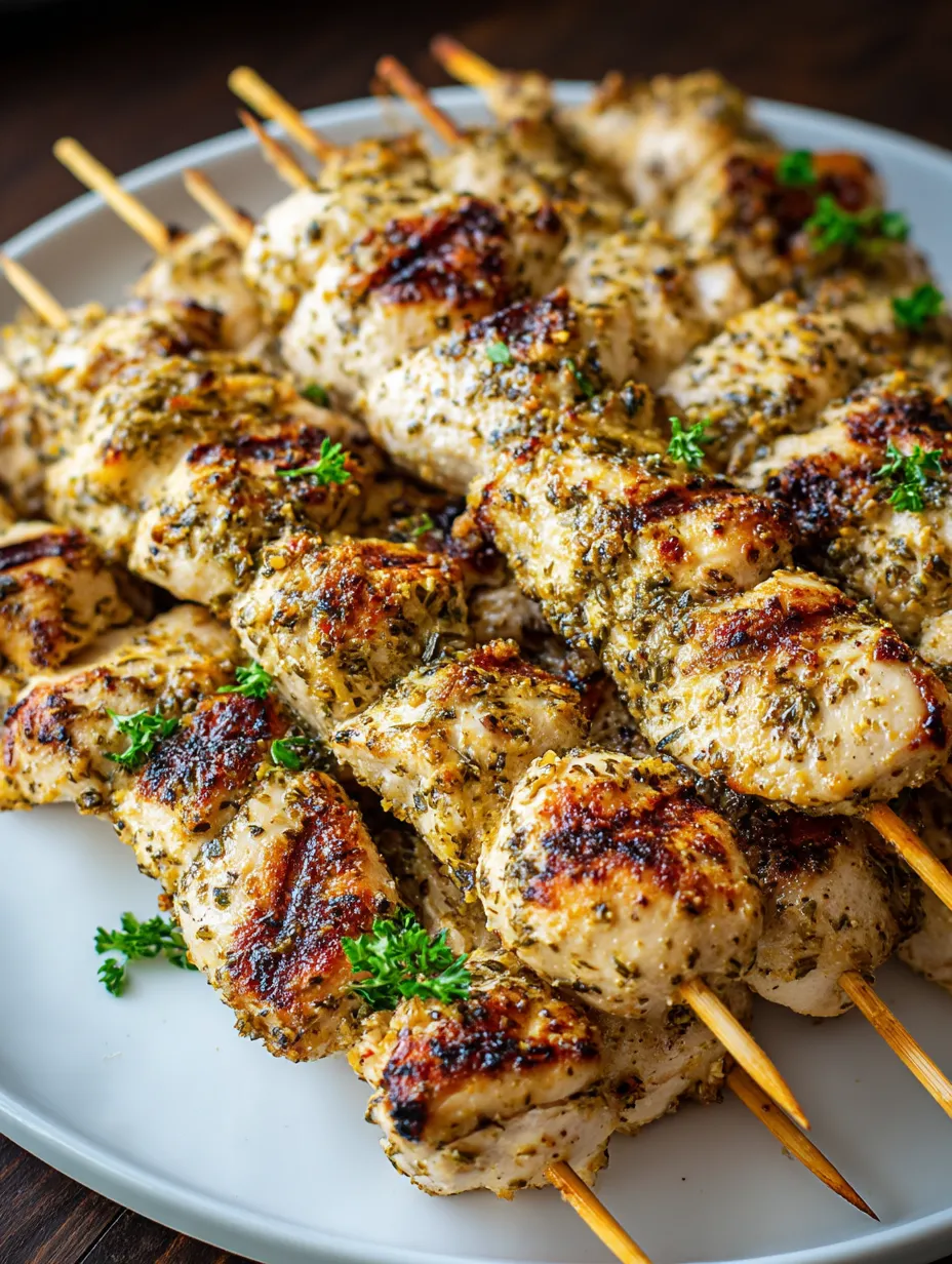 Une assiette de brochettes de poulet avec des herbes.
