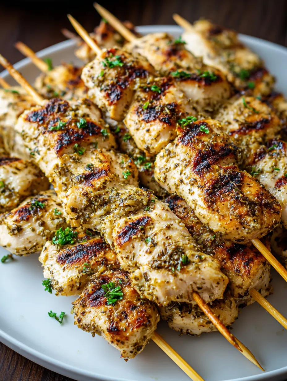 Une assiette de brochettes de poulet avec herbes et épices.