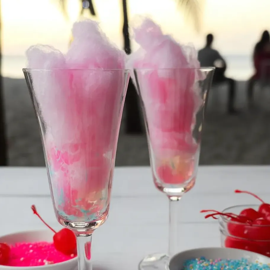 Deux verres pleins de barbe à papa rose.
