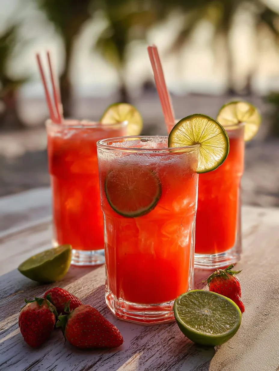 Deux verres de boisson rouge avec citrons verts et fraises.