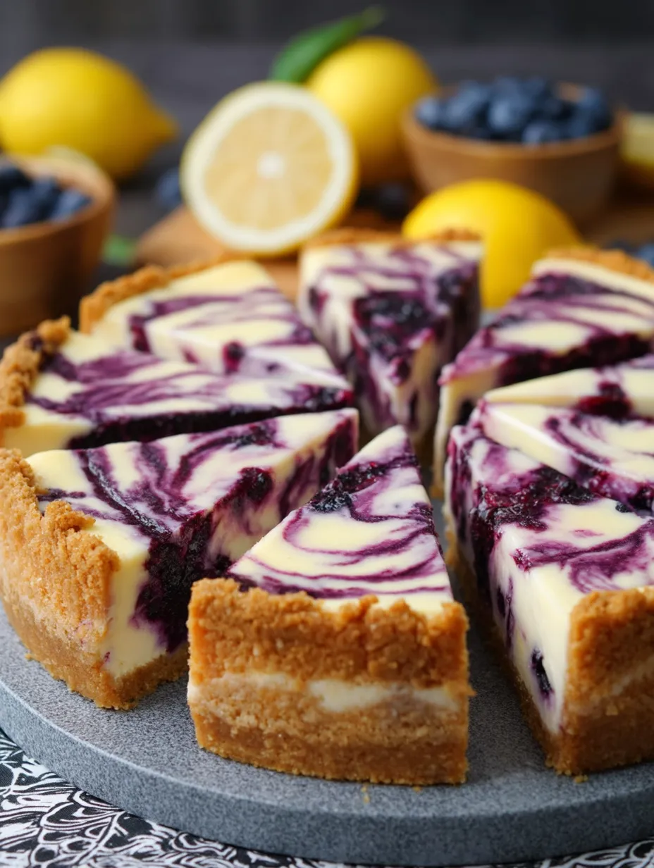 Une part de cheesecake à la myrtille avec un quartier de citron à côté.