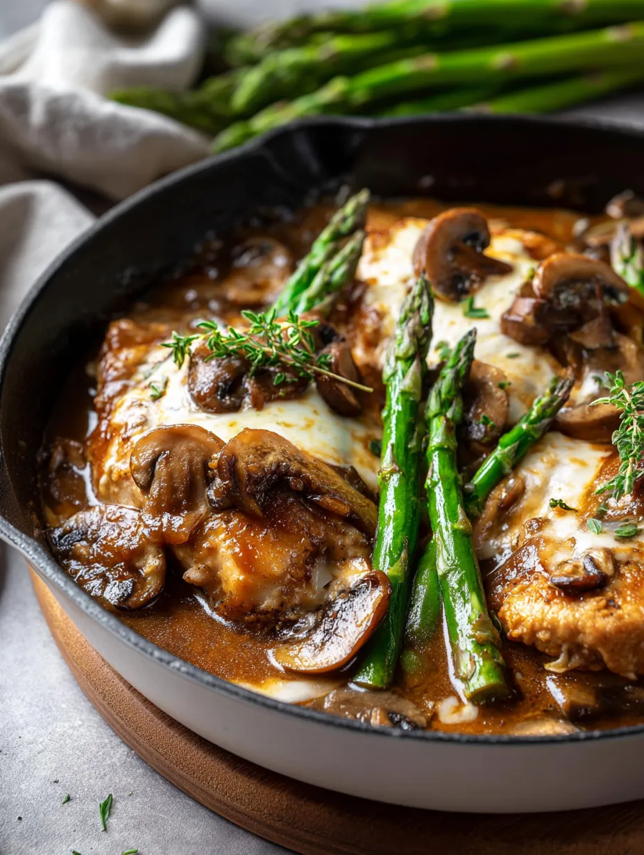 Poêle remplie de champignons et asperges.