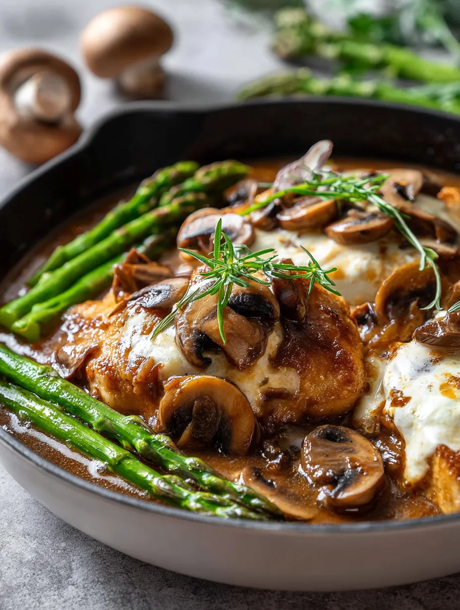 Assiette garnie de champignons et asperges.