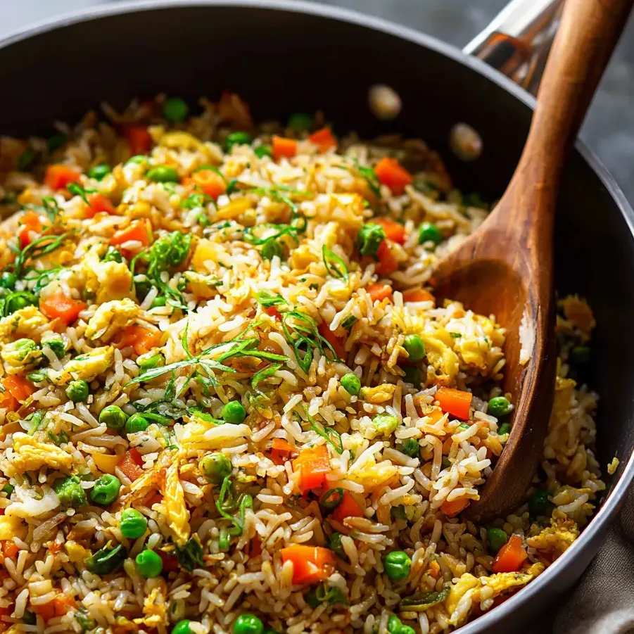 Une poêle de riz avec petits pois et carottes.