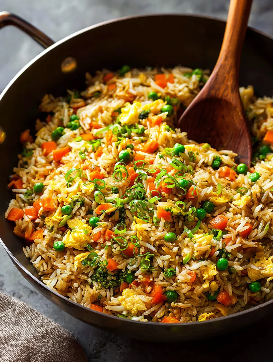 Une poêle remplie de riz avec des petits pois et carottes.