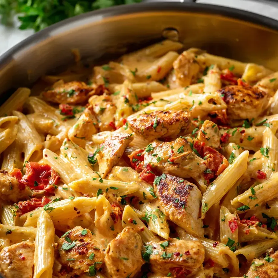 Une assiette de pâtes avec du poulet et des poivrons rouges.