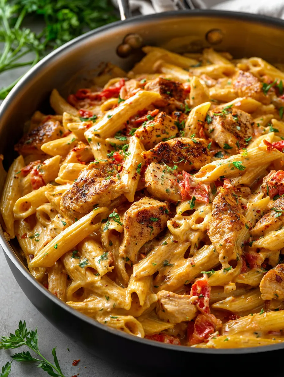 Un bol de pâtes avec du poulet et des tomates.