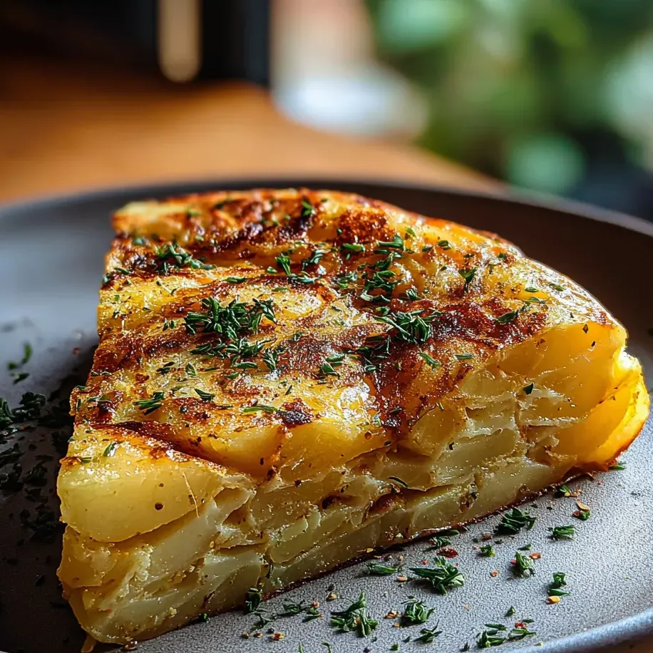 Une part de tortilla garnie d’herbes fraîches.