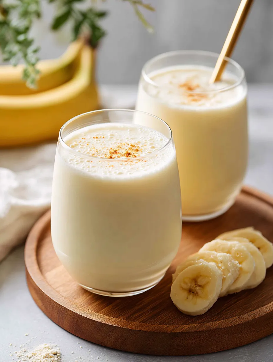 Deux verres de lait avec des bananes sur une table.