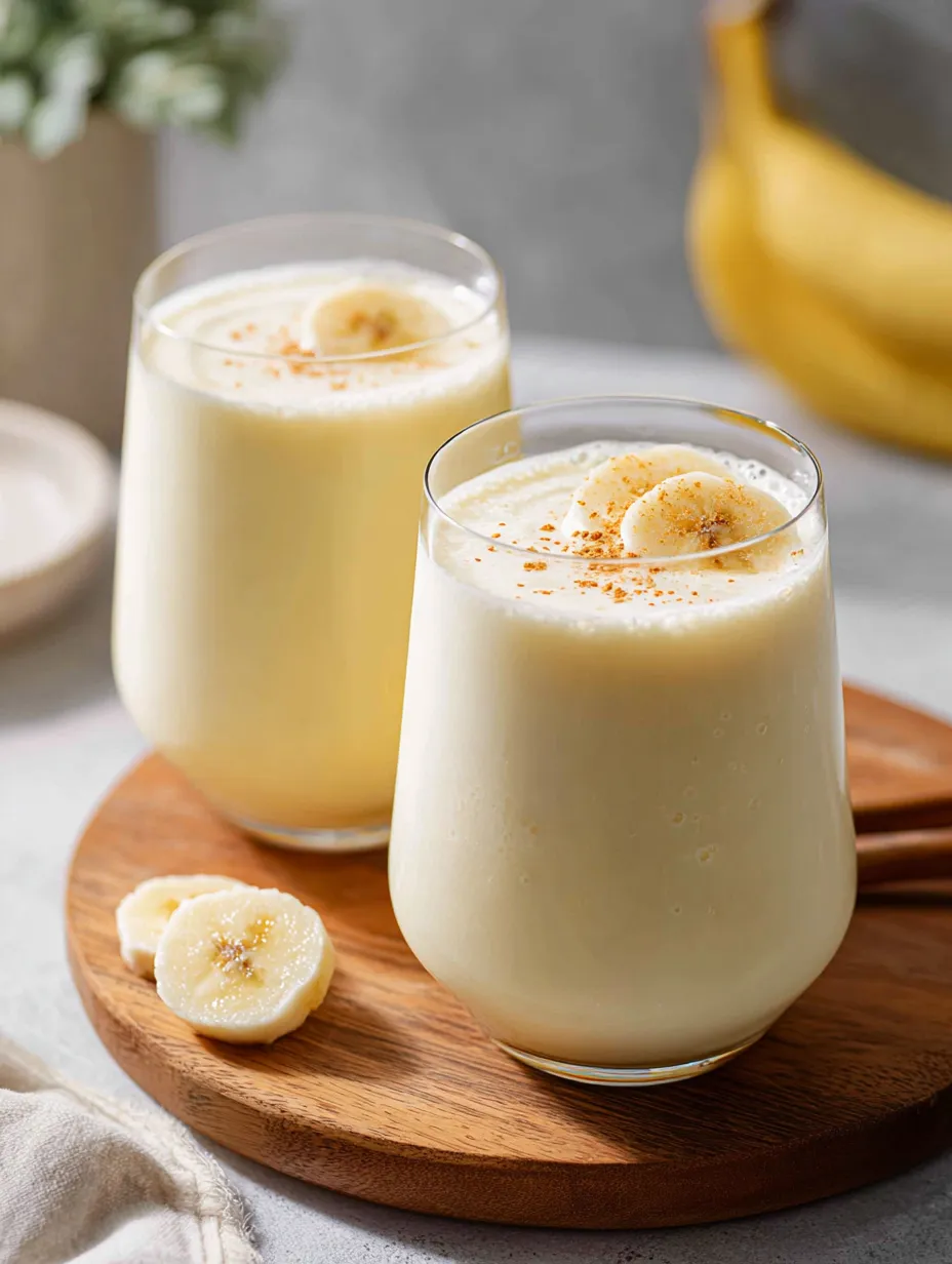 Deux verres de lait à la banane sur une table en bois.