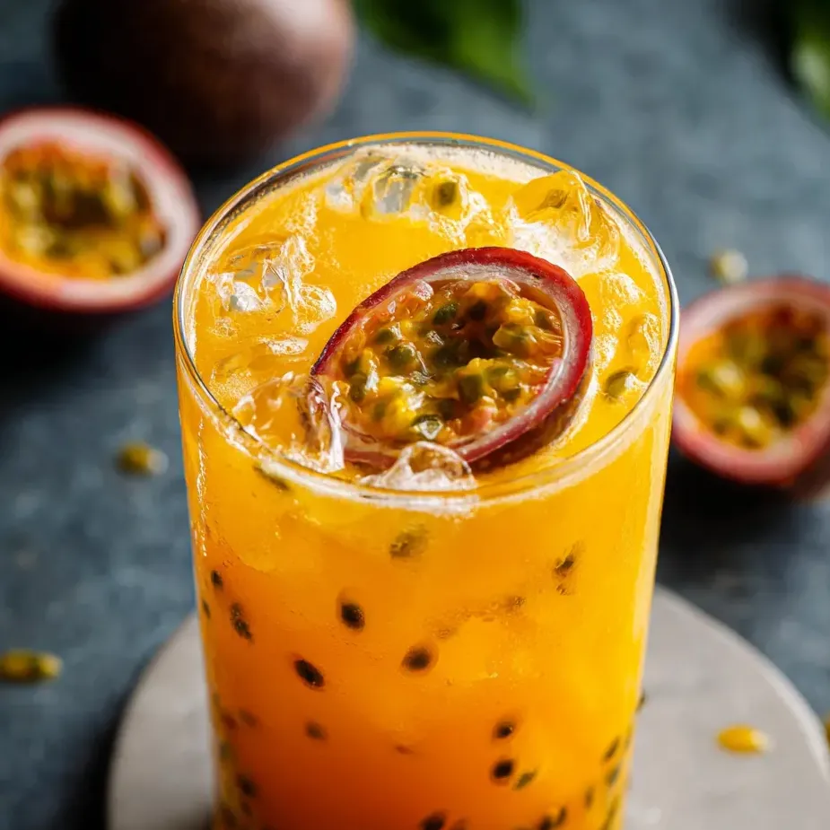 Un verre de jus d’orange avec une tranche de fruit dedans.
