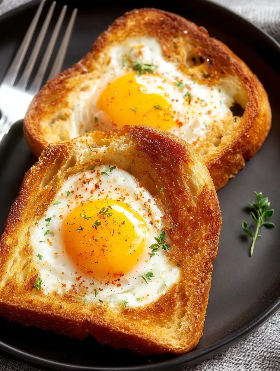 Deux toasts garnis d’œufs sur le dessus.