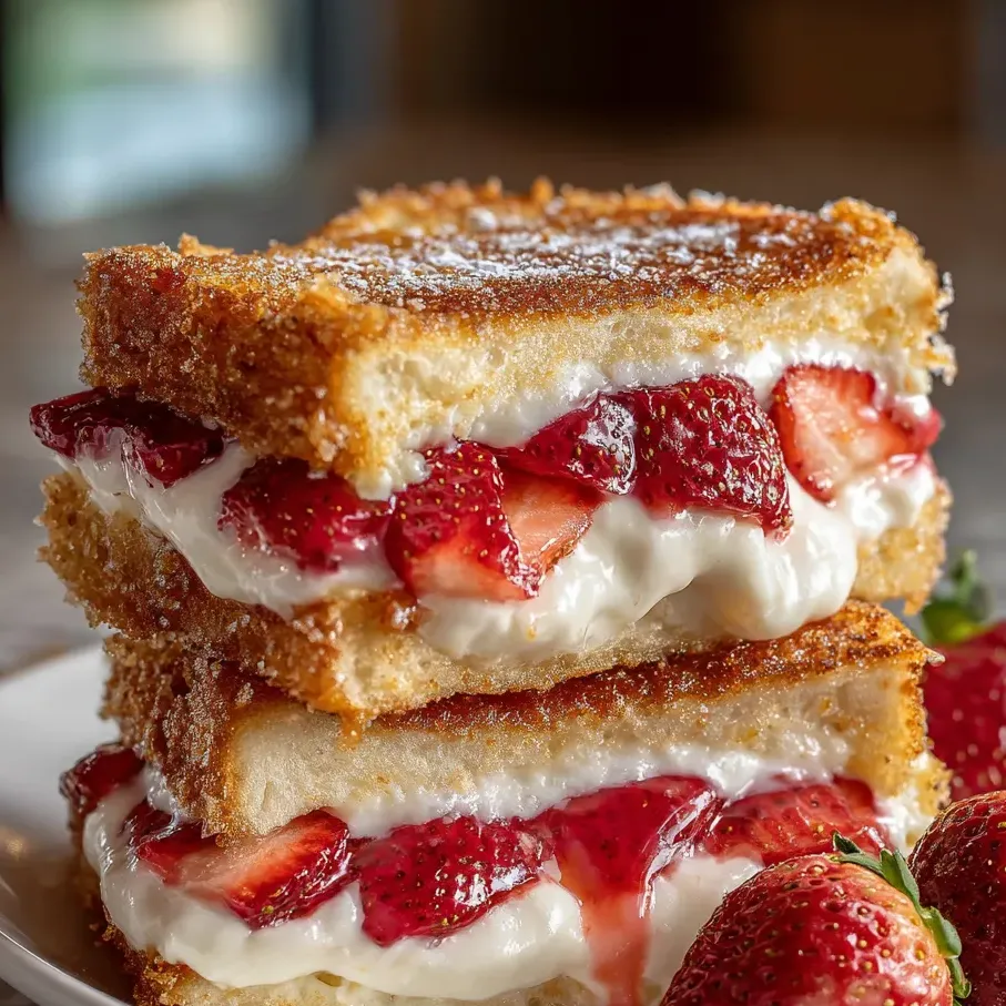 Une pile de sandwichs avec des fraises dessus.