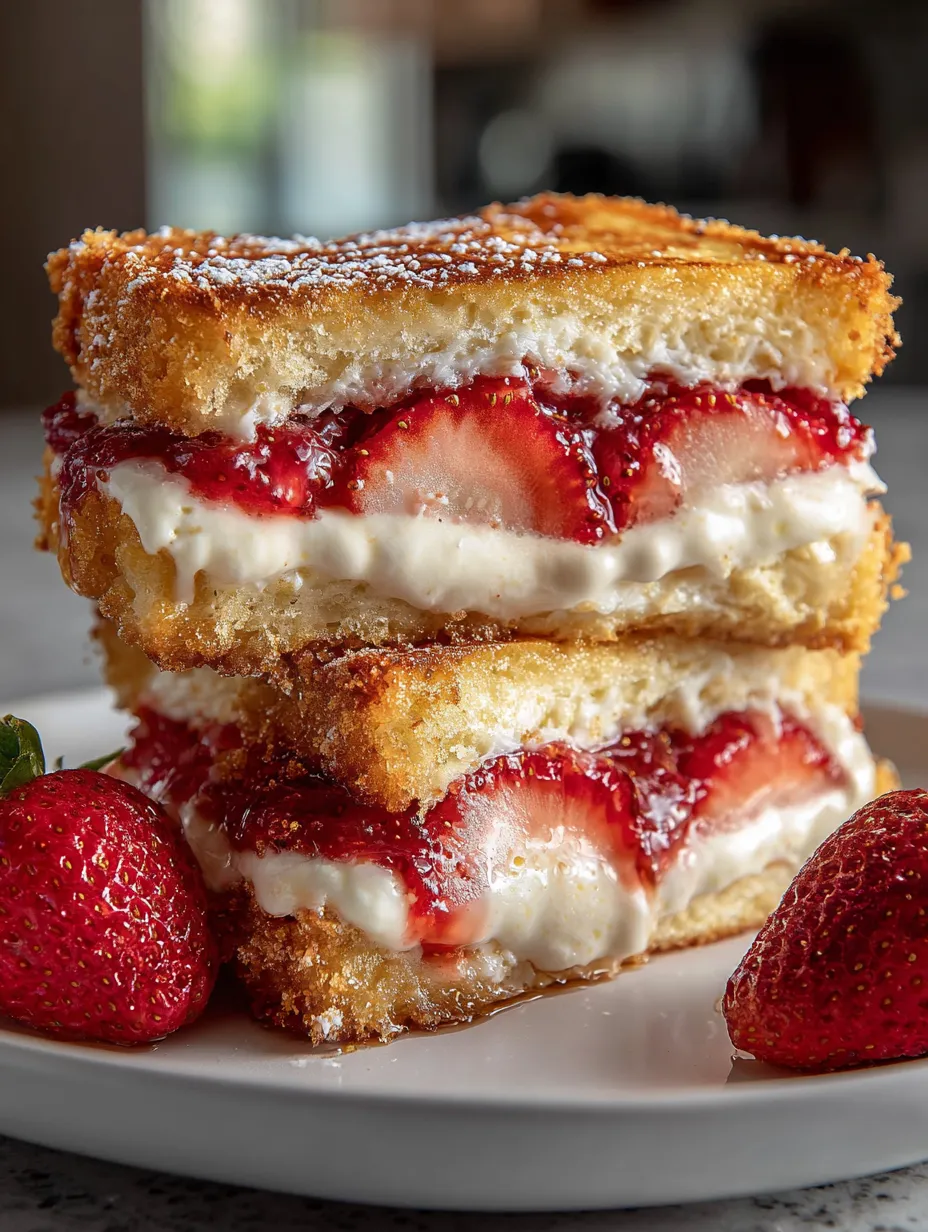 Un empilement de parts gourmandes façon shortcake à la fraise sur une assiette.