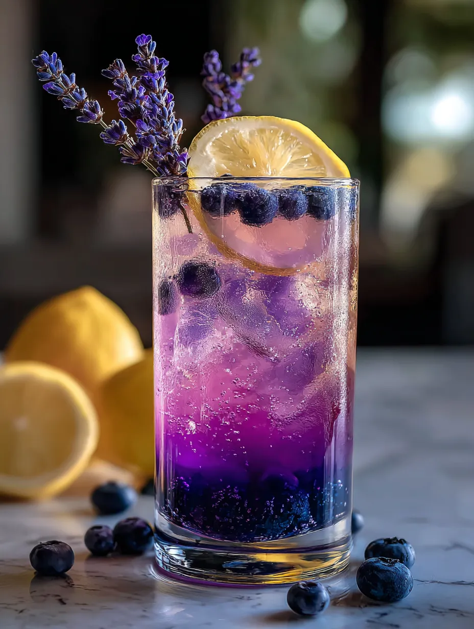Verre de boisson violette avec myrtilles et rondelles de citron.