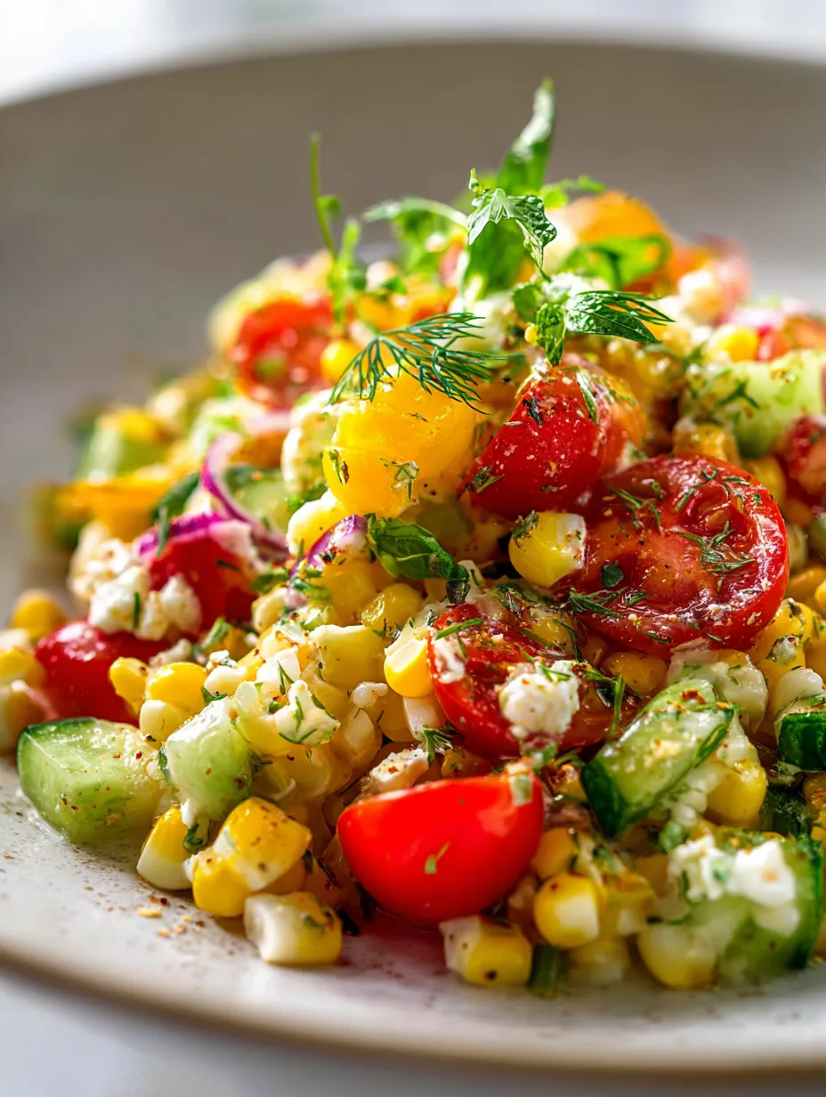 Une assiette gourmande avec tomates, maïs et concombres.