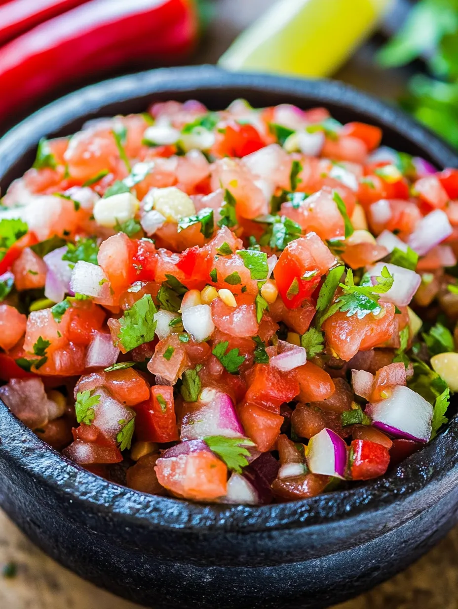 Un grand bol rempli de salsa aux tomates, oignons et coriandre.