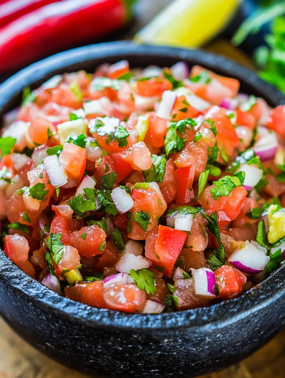 Un grand bol rempli de salsa aux tomates, oignons et coriandre.