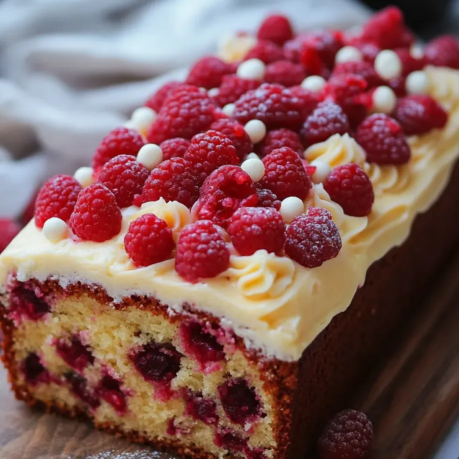 Une tranche de cake avec des framboises sur le dessus.