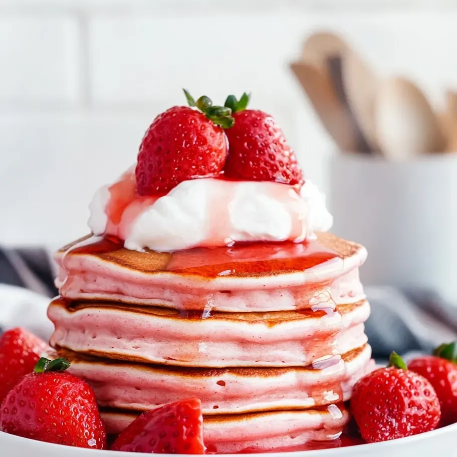 Une pile de pancakes avec des fraises au sommet.
