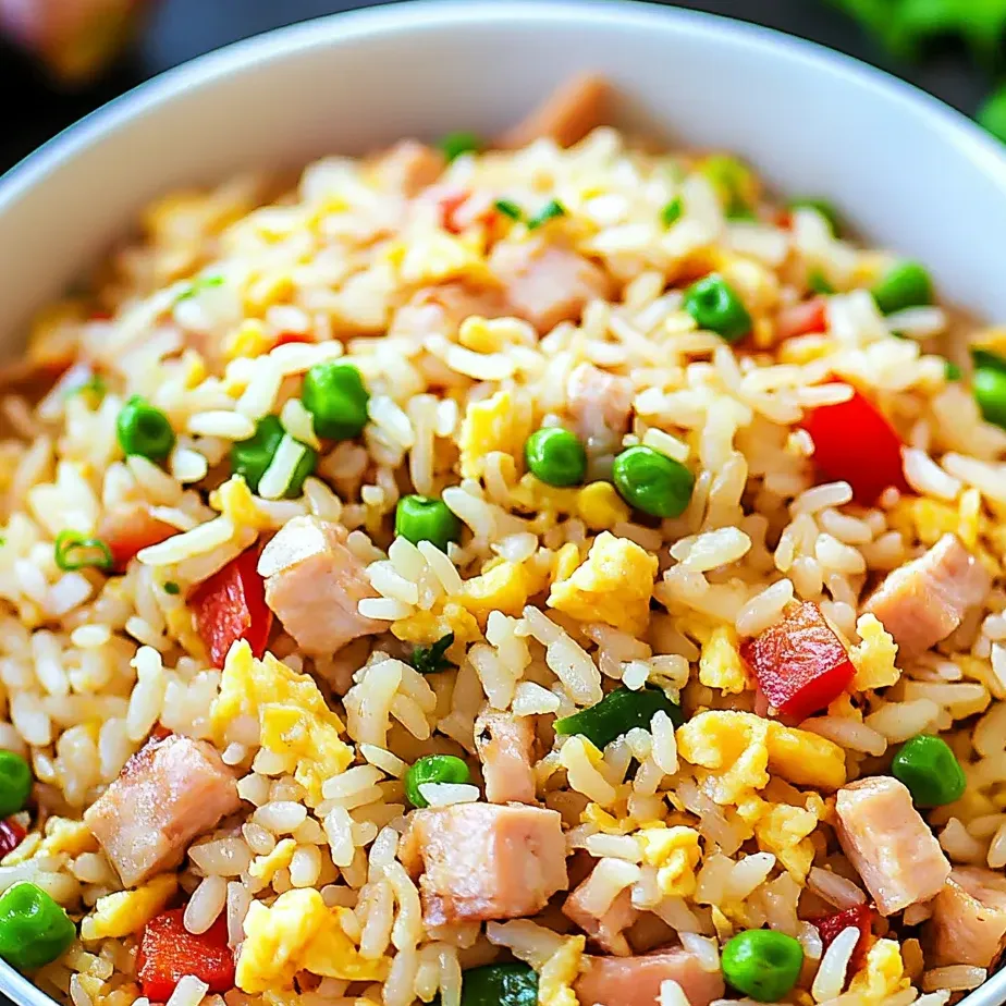 Un bol de riz avec pois verts et jambon.